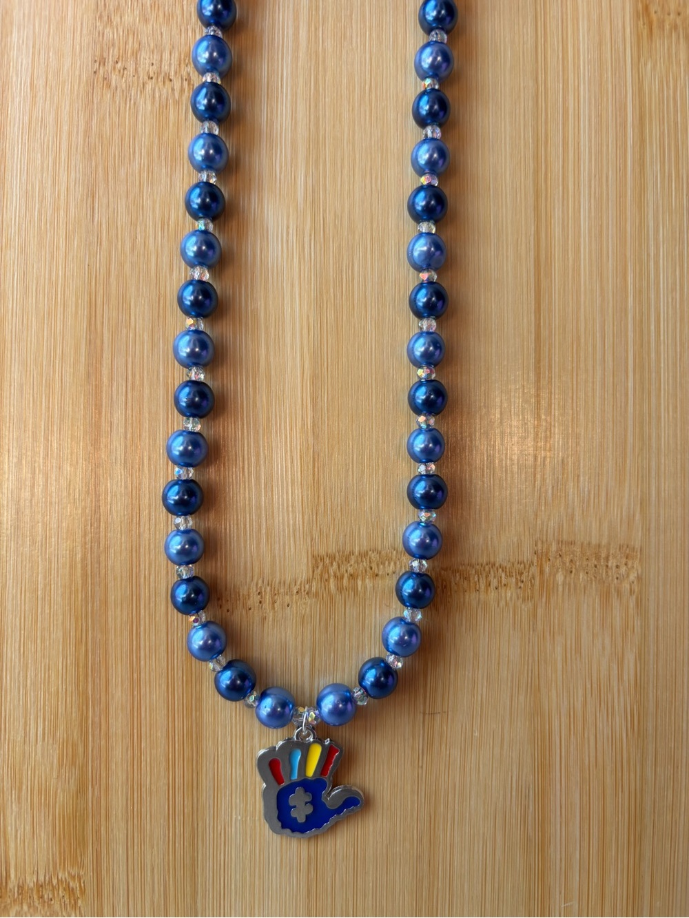 Blue Beaded Necklace with Autism Awareness Colorful Hand Charm